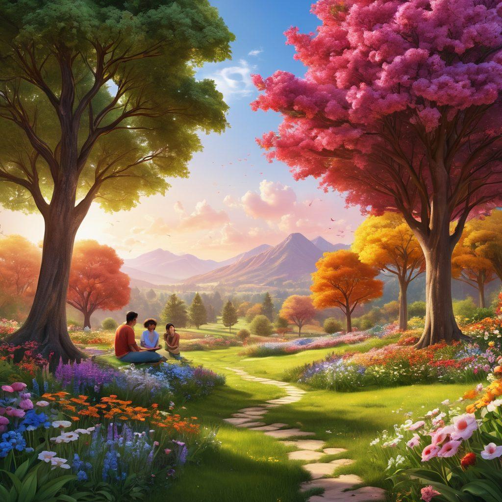 A serene digital landscape with a calming app interface displaying self-care insights and positive affirmations. Include vibrant illustrations of nature, such as blooming flowers and trees, to symbolize growth and healing. In the foreground, depict a diverse group of people interacting with the app, smiling and looking relaxed. Emphasize a user-friendly design with soft, inviting colors and a sense of connection and tranquility. vibrant colors. 3D. digital art.